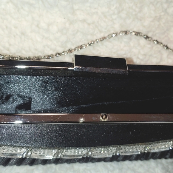 Rhinestone and Black Satin Evening Clutch with Braided Silver Chain - Picture 6 of 6